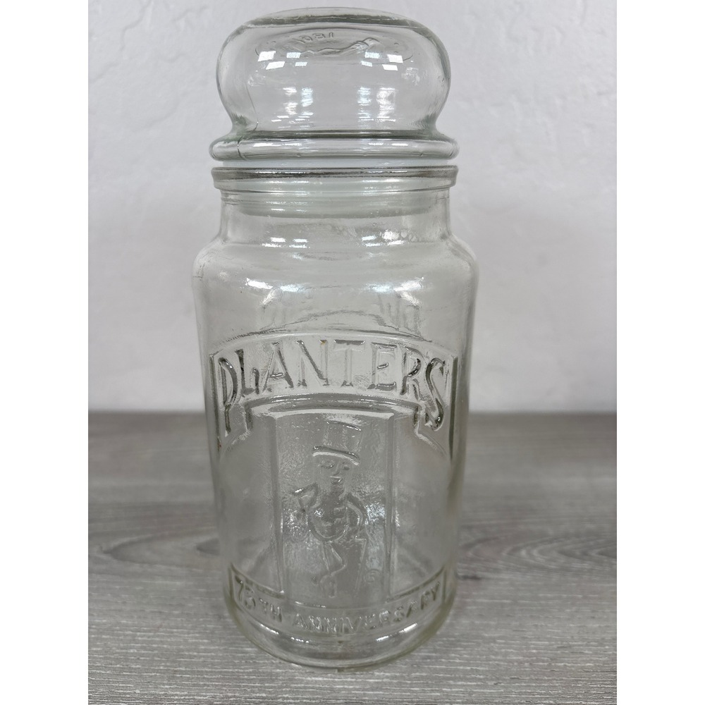 Vintage 1981 Planters Peanuts 75th Anniversary Glass Jar Mr Peanut Lid 8in